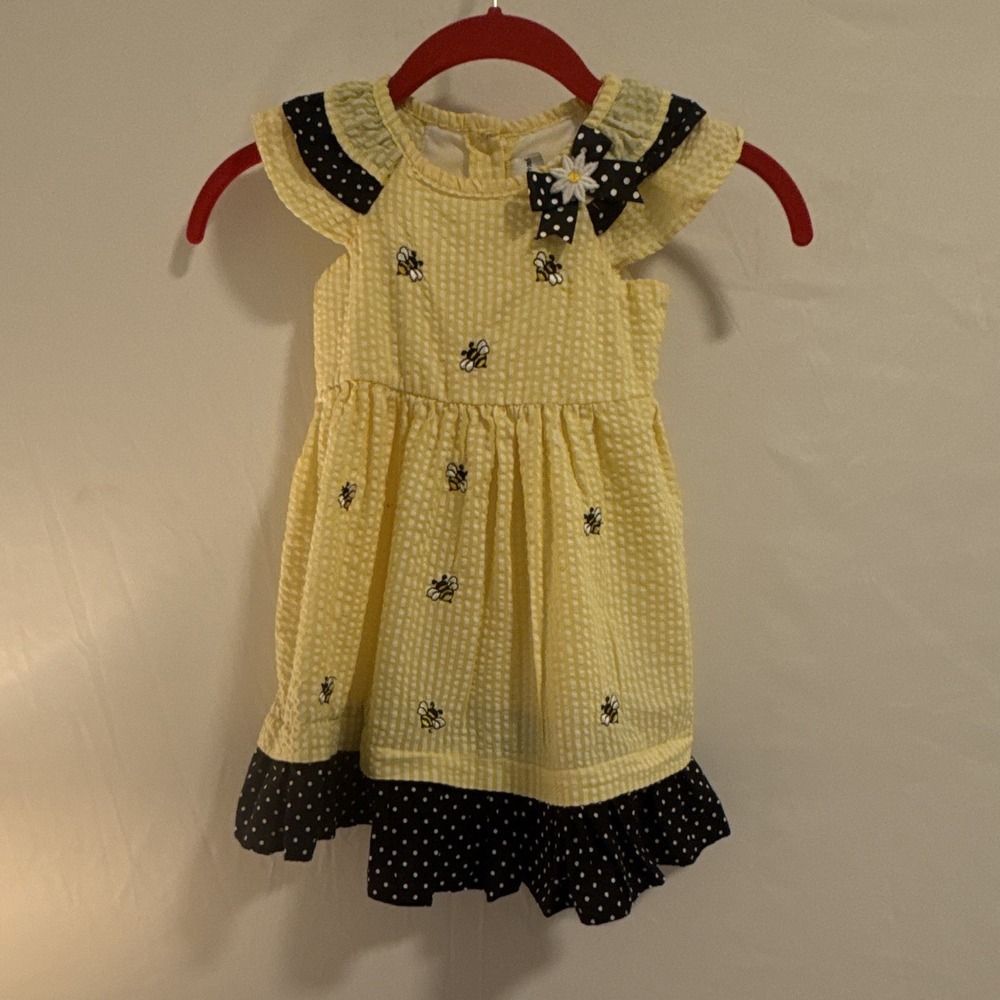 Rare Editions Girls 3T Yellow Seersucker Gingham Bee Bow Ruffle Dress